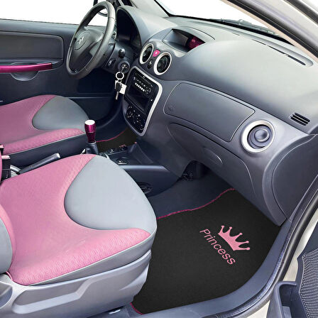 Prenses Gibi Arabana Hava Kat! Taç Desenli Pembe Nakışlı 5’li Oto Halı Paspas Seti