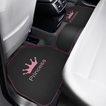 Prenses Gibi Arabana Hava Kat! Taç Desenli Pembe Nakışlı 5’li Oto Halı Paspas Seti