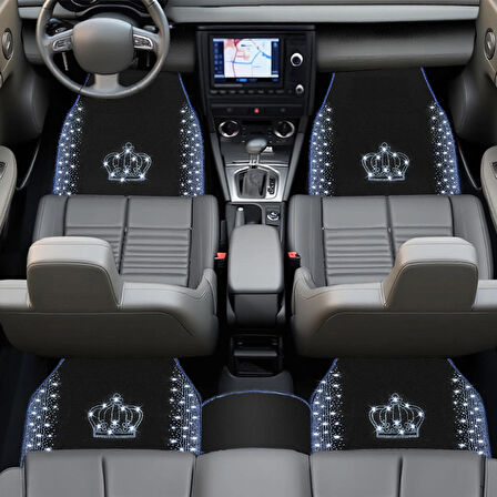 Kristal Taşlı Taç Desenli Işıltılı 5’li Araç Oto Halı Paspas Seti – Lüks & Şık Araç İçi Tasarım