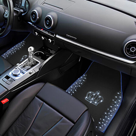 Kristal Taşlı Taç Desenli Işıltılı 5’li Araç Oto Halı Paspas Seti – Lüks & Şık Araç İçi Tasarım