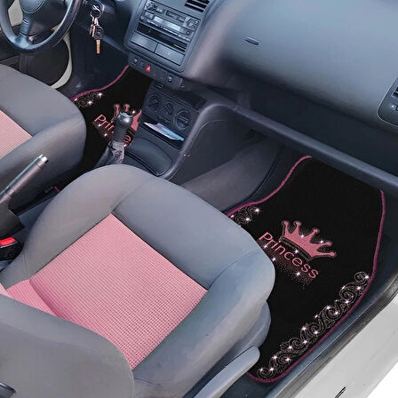 Işıltıya Hazır Ol, Bu Yol Senin! Pembe Taşlı Prenses Taç Desenli 5’li Nakışlı Oto Halı Paspas Seti