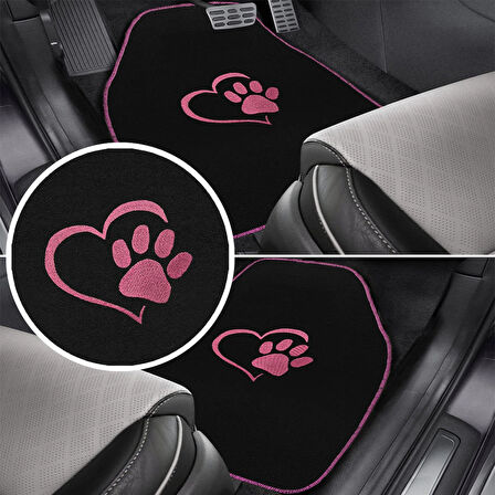 Sevgili Köpek Pati Desenli Pembe Nakışlı Araç Halı Paspas Seti | Şık ve Sevimli Oto Paspas Aksesuar