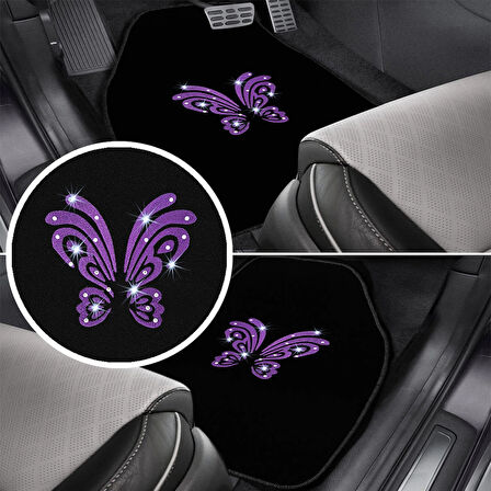 Kadın Sürücülere Özel: Mor Kelebek Zarafeti & Taşlı Siyah Oto Halı Paspas Seti – 5 Parça Nakışlı