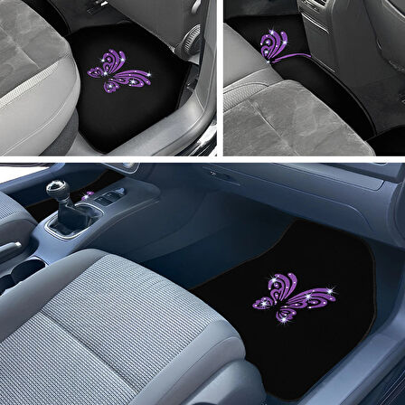 Kadın Sürücülere Özel: Mor Kelebek Zarafeti & Taşlı Siyah Oto Halı Paspas Seti – 5 Parça Nakışlı