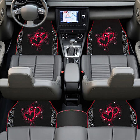 Romantik Kalp Desenli Kadınlara Özel Taşlı Lüks Oto Paspas Takımı – Kırmızı Nakışlı Lüks Araç Paspas