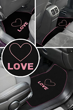 Kalp ve Aşk Desenli Pembe Nakışlı 5'li Oto Halı Paspas Seti | Love Yazı Detaylı Araba Paspas Takımı
