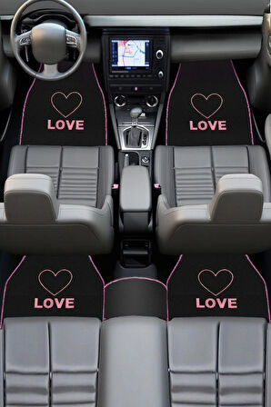 Kalp ve Aşk Desenli Pembe Nakışlı 5'li Oto Halı Paspas Seti | Love Yazı Detaylı Araba Paspas Takımı