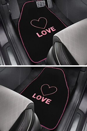 Kalp ve Aşk Desenli Pembe Nakışlı 5'li Oto Halı Paspas Seti | Love Yazı Detaylı Araba Paspas Takımı