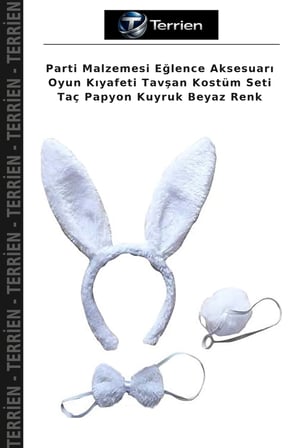 Parti Malzemesi Eğlence Aksesuarı Oyun Kıyafeti Tavşan Kostüm Seti Taç Papyon Kuyruk Beyaz Renk