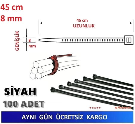 Pemsan 100 Adet 45cm x 8mm Siyah Kablo Bağı Plastik Kelepçe
