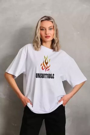 Pomeya  Unisex Bisiklet Yaka Baskılı Oversize T-Shirt - Beyaz