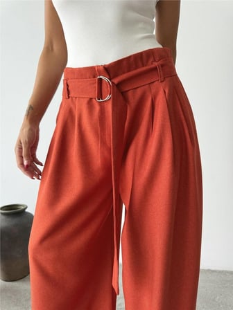Pomeya  PALAZZO PANTOLON KUMAŞ KEMER DETAYLI - Kiremit