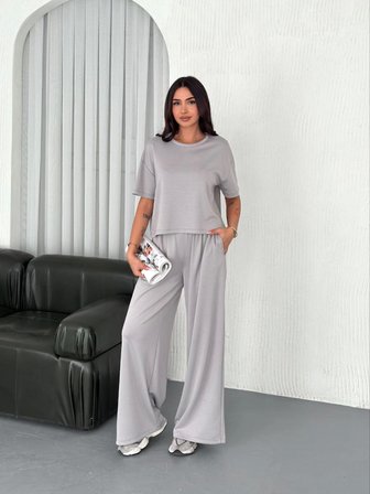 Pomeya  Osy Modal Yumuşak Dokulu Kumaş Bisiklet Yaka T-shirt  Bol Paça Pantalon Ikili Takım - Boyalı Gri