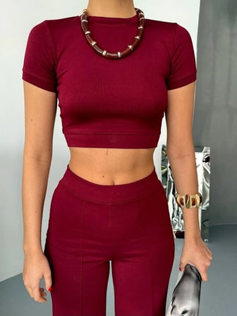 Pomeya  Osy Modal Yumuşak Dokulu Kumaş Kısa Kollu Crop Alt Ispanyol Paça Pantalon Ikili Takım - Bordo