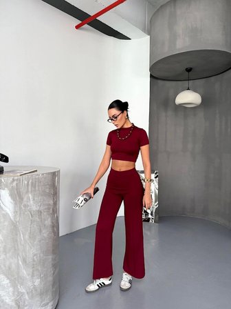 Pomeya  Osy Modal Yumuşak Dokulu Kumaş Kısa Kollu Crop Alt Ispanyol Paça Pantalon Ikili Takım - Bordo