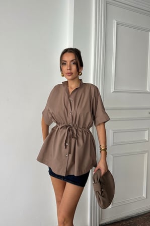 Pomeya  BEL BÜZGÜ DETAYLI POPLİN GÖMLEK - Kahverengi