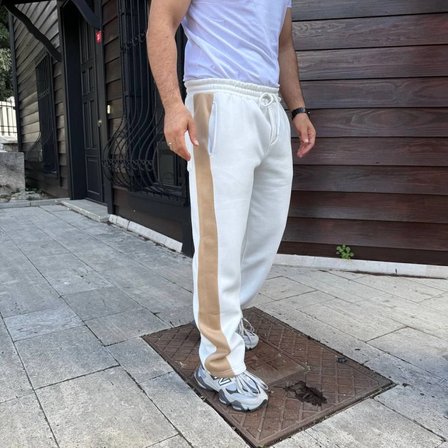 Pomeya  Erkek Üç İplik Kışlık Pamuklu Yandan Garneli Kalın Bej Şeritli Cepli Eşofman Altı - Beyaz