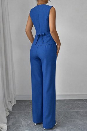 Pomeya  Kadın Askılı önden Düğmeli Bluz Ve Pantolon Keten Ikili Takım
