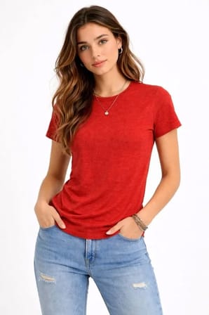 Pomeya  Flam Kumaş Melanj Dokulu Regular Fit Tişört Bisiklet Yaka Yazlık T-Shirt - Kiremit