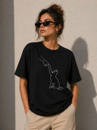 Pomeya  Minimal Kedi Çizim Baskılı Tişört Kısa Kol Yazlık T-Shirt - Siyah