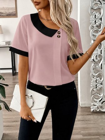 Pomeya  Kadın Kısa Kollu Asımetrik Yaka Detaylı Düğmeli Dubai Bluz