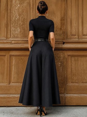Pomeya  Kadın Yüksek Bel Kemerli Double Kumaş Palazzo Pantolon