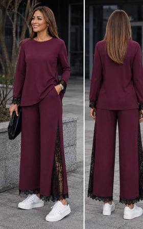 Pomeya  Kadın Uzun Kollu Bisiklet Yakalı Dantel Detaylı Viskon Iki Iplik Bluz Ve Pantolon Ikili Takım