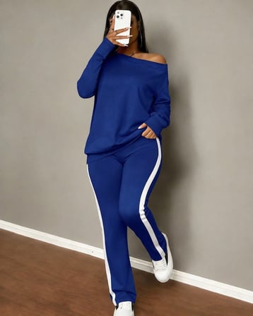 Pomeya  Kadın Tek Omuzdan Açık Uzun Kollu Viskon Iki Iplik Bluz Ve Yan şerit Detaylı Pantolon Ikili Takım