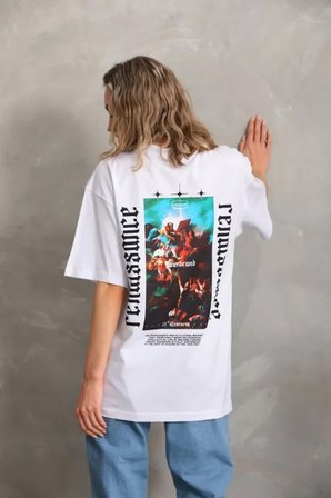 Pomeya  Unisex Baskılı Oversize T-Shirt - Beyaz
