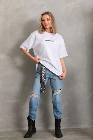 Pomeya  Unisex Baskılı Oversize T-Shirt - Beyaz
