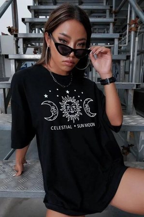 Pomeya  Unisex Baskılı Oversize T-Shirt - Siyah