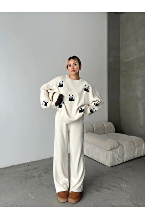 Sevimli Panda Desenli Triko Takım – 6 Renk Alternatifli Kombin