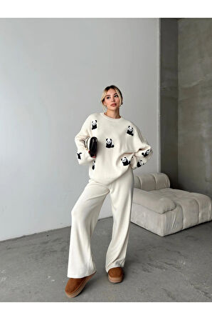 Sevimli Panda Desenli Triko Takım – 6 Renk Alternatifli Kombin