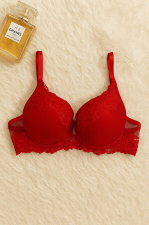 Kırmızı Dantel Detaylı Push Up Sütyen Takımı