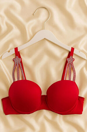 Taş Detaylı Kırmızı Push Up Sütyen Takımı