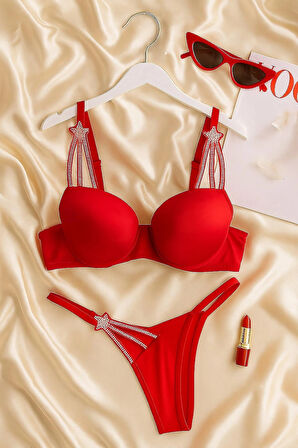 Taş Detaylı Kırmızı Push Up Sütyen Takımı
