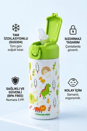 Çocuk Pipetli Çelik Suluk ve Matara 500 ml Sızdırmaz BPA Free SUS304 Okul Su Matarası