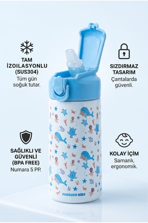 Çocuk Pipetli Çelik Suluk ve Matara 500 ml Sızdırmaz BPA Free SUS304 Okul Su Matarası