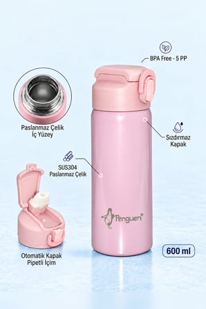 600 ml Çelik Su Matarası Sporcu Matarası Çocuk Pipetli Çelik Suluk Sızdırmaz SUS304 BPA Free