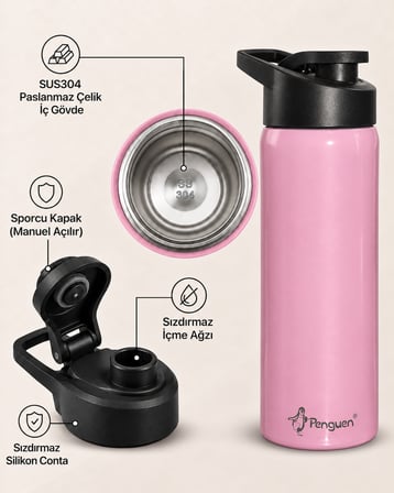 600 ml Sporcu Su Matarası Çelik Suluk SUS304 Paslanmaz Çelik Sızdırmaz Spor Kapaklı BPA Free