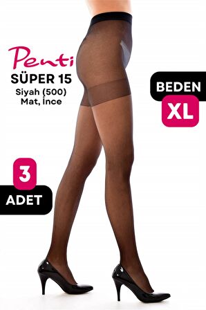 Penti Süper 15 Den Mat İnce Külotlu Çorap Siyah (500) -  4 Numara X Large 3 Adet