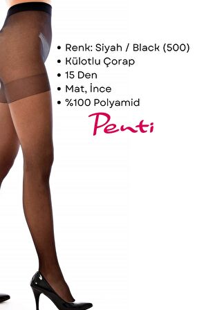 Penti Süper 15 Den Mat İnce Külotlu Çorap Siyah (500) -  4 Numara X Large 3 Adet