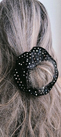 Işıltılı Puantiyeli Siyah Kadife Fermuarlı Lastik Toka 