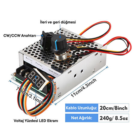 Dijital Göstergeli Takometreli Çift Yönlü İleri Geri DC Motor Hız Regülatörü 40A 12V24V36