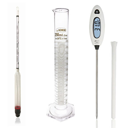 Eurodensimeter 0-20 Bomemetre Hidrometre 250ml Cam Mezür ve GM1311 Prob Termometre Seti Kaliteli