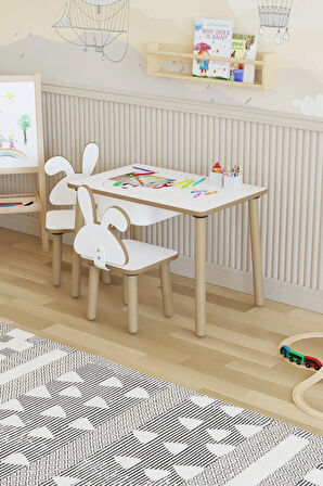 Montessori Çocuk Masası-oyun Masası-aktivite Masası-etkinlik Masası Takımı 2 Tavşan Sandalye