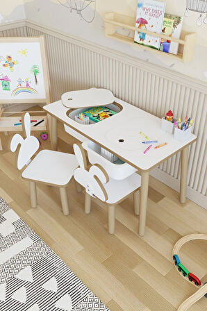 Montessori Çocuk Masası-oyun Masası-aktivite Masası-etkinlik Masası Takımı 2 Tavşan Sandalye