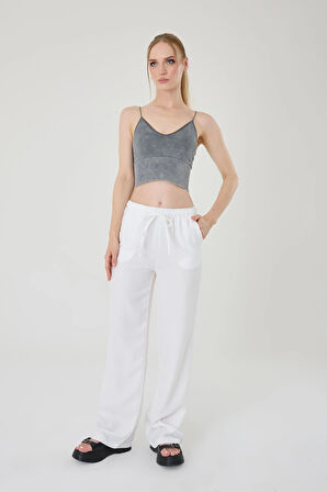 Kadın Beyaz Keten Karışımlı Bol Kesim Pantolon