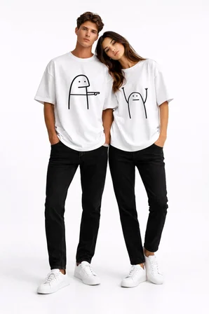 Komik Çöp Adam Çift Tişörtü Oversize Unisex Sevgili Kombini Baskılı Beyaz Tişört