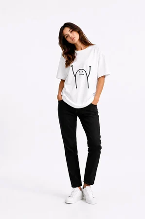 Komik Çöp Adam Çift Tişörtü Oversize Unisex Sevgili Kombini Baskılı Beyaz Tişört